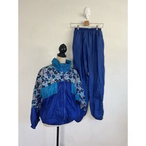Pro Spirit Jacket Sweat Set Women S Blue Windbreaker Floral Colorblock Vintage